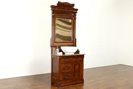 Victorian Eastlake Antique Washstand with Marble Top, Beveled Mirror #38936