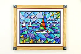 Sailboats Original Acrylic Painting, Custom Exotic Wood Frame, Bodden #33135