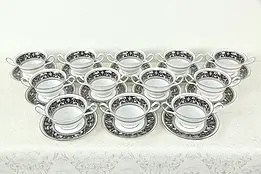 Wedgwood Cobalt Blue Florentine Pattern Set of 12 Cream Soup Cups Saucers #33357