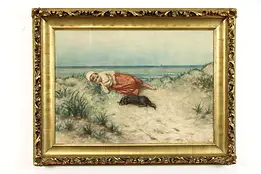 Girl & Her Dog, Original Antique Watercolor Painting, Van der Haas 37.5" #38682