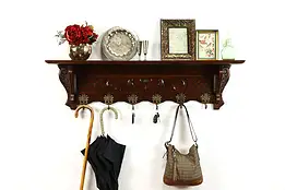 Oak Antique Dutch Hanging Hall Coat or Hat Rack, Cherubs, Brass Hooks #38994