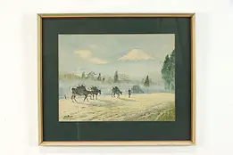Man Herding Cows, Original Vintage Watercolor Painting, NoBuo, 19" #39271