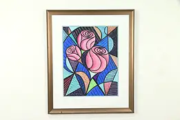 Three Roses, Original Oil Pastel Painting, Custom Frame, Bruce Bodden #30947