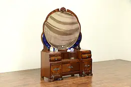 Art Deco Waterfall Vintage Vanity, Blue Beveled Mirrors Bakelite Hardware #30710