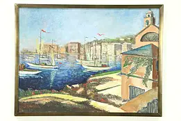 French Harbor Scene with Sailboats, Original Oil Painting Signed Braun
