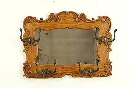 Victorian Antique Oak Hall Mirror, Coat & Hat Hooks #31970