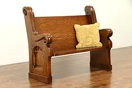 Victorian Oak Antique 4' Pew or Hall Bench, Gothic Carving #32433