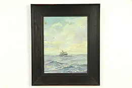 Ship at Sea, Original Oil Painting, Lillian Thoele 1937, Oak Frame #32692