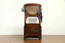 Victorian Antique Oak Hall Stand & Bench with Storage, Beveled Mirror #32718
