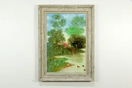 Shoreline Scene with Figures, Original Vintage Painting, S. Sideris #33321