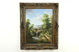 Waterfall, Lake & Castle 5' Tall Original Oil Painting, Karl Halley #33351