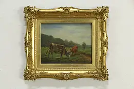 Pastoral Scene With Cows, Original Antique Oil Painting, Doty 1899 17" #33612