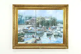 Summer Harbor & Sailboats Original Oil Painting on Canvas H. Cooper 58" #34776