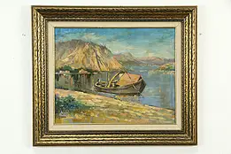 Fishing Boat & Mountains, Vintage Original Oil Painting, Moraldi 26" #34429