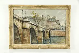 Paris Scene of Pont Neuf Vintage Original Oil Painting, Zamini? 41 1/2" #35063