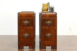 Pair of Art Deco Waterfall Design Vintage Nightstands, Bakelite Pulls #34777