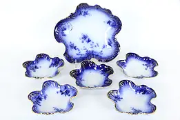 Flow Blue Victorian Antique China Set 5 Berry Bowls & Master, La Belle  #35891