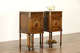 Pair of Antique Carved Oak French Nightstands, Brass Mounts, Marble Tops #36447