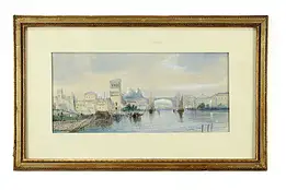 Harbor at Naples Italy Original Antique Watercolor Painting 20 1/2" #37055