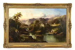 Stone Cottage & Bridge Antique Original Oil Painting, Tom Seymour 58" #37583