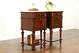 Pair Italian Renaissance Victorian Antique Walnut Marble Top Nightstands #38408