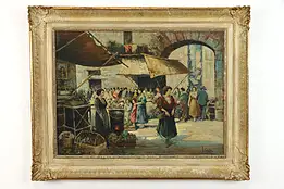 Italian Market Scene Original Vintage Oil Painting, Vincenzo Ciappa, 39" #38809