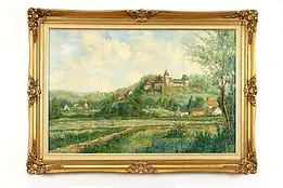 Castle on a Mountain in Italy Original Vintage Oil Painting, Cozzi 43" #38920