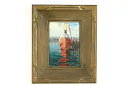 Ship at Dock Original Antique Oil Painting on Board Painting, Gross 17.5" #39268