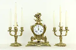 Bronze Antique French Mantel Clock & Candelabra Set, Japy Freres #34426
