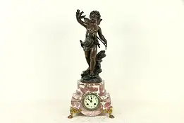 French Antique Marble Mantel Clock, Hunt Cherub Statue, Marti #31743