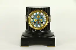 French Antique Pillar Mantel Clock, Black Marble, Cloisonne, Boye #32432