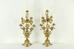 Victorian Pair of Antique Brass Candelabra, Cross & Grape Motifs #35039