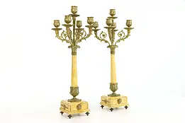 Classical Pair of 5 Candle  Brass & Marble Antique Candelabra #37877