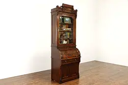 Victorian Eastlake Antique Walnut Roll Cylinder Secretary Desk & Bookcase #39117