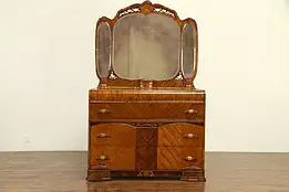 Art Deco Waterfall 1930's Vintage Dresser with Triple Mirror #31039