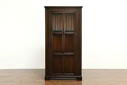 Oak English Vintage Armoire, Wardrobe or Closet, Linen Fold Carving #34749