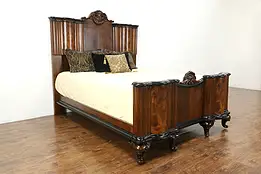 Italian Art Deco Antique Carved Walnut, Olive & Burl Queen Size Bed #35743