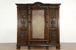 Renaissance Antique Triple Walnut Armoire or Wardrobe, Sculpted Figures  #36261