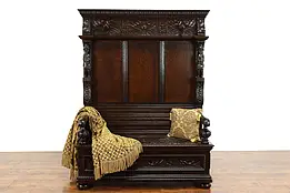 Oak Antique Hall Bench, Storage, Carved Musician Sculptures  #37833