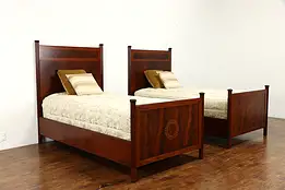 Pair of Antique Flame Mahogany & Marquetry Twin Beds, Herter #34041