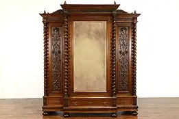 Italian Renaissance Carved Walnut Triple Armoire Wardrobe, Columns Mirror #37540