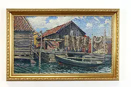 Harbor Scene Boat & Fishing Shanty Vintage Original Oil Painting, 27" #39739