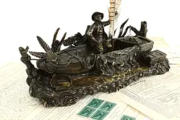 French Antique Bronze Fishing Boat Sculpture Desk Inkwell, Leblanc #40269