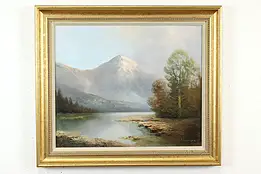 Mountain & River Landscape Vintage Original Oil Painting, Schmidbauer 30" #40303