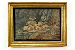 Still Life & Fruit Antique Original Needlework & Watercolor Painting 31" #40003