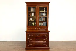 Victorian Antique Carved Flame Grain Walnut Secretary Desk & Bookcase #40093