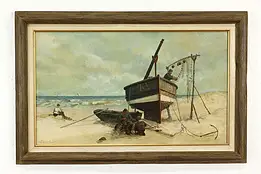 Fishermen Repairing Nets Vintage Original Oil Painting, Signed 1980 32.5" #40447