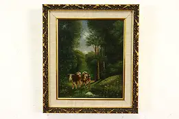 Cows Wandering in a Forest Antique Original Oil Painting Modern Frame 14" #40940