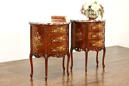 Pair of French Design Marble Top Demilune Nightstands or End Tables #41052
