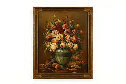 Still Life Roses & Fruit Antique Original Oil Painting 1923 Pascual 30" #40907